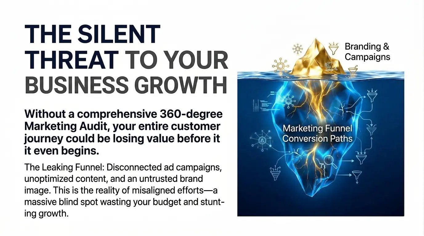 An iceberg graphic illustrating visible paid ad campaigns above water and hidden marketing funnel leaks hidden below the surface.