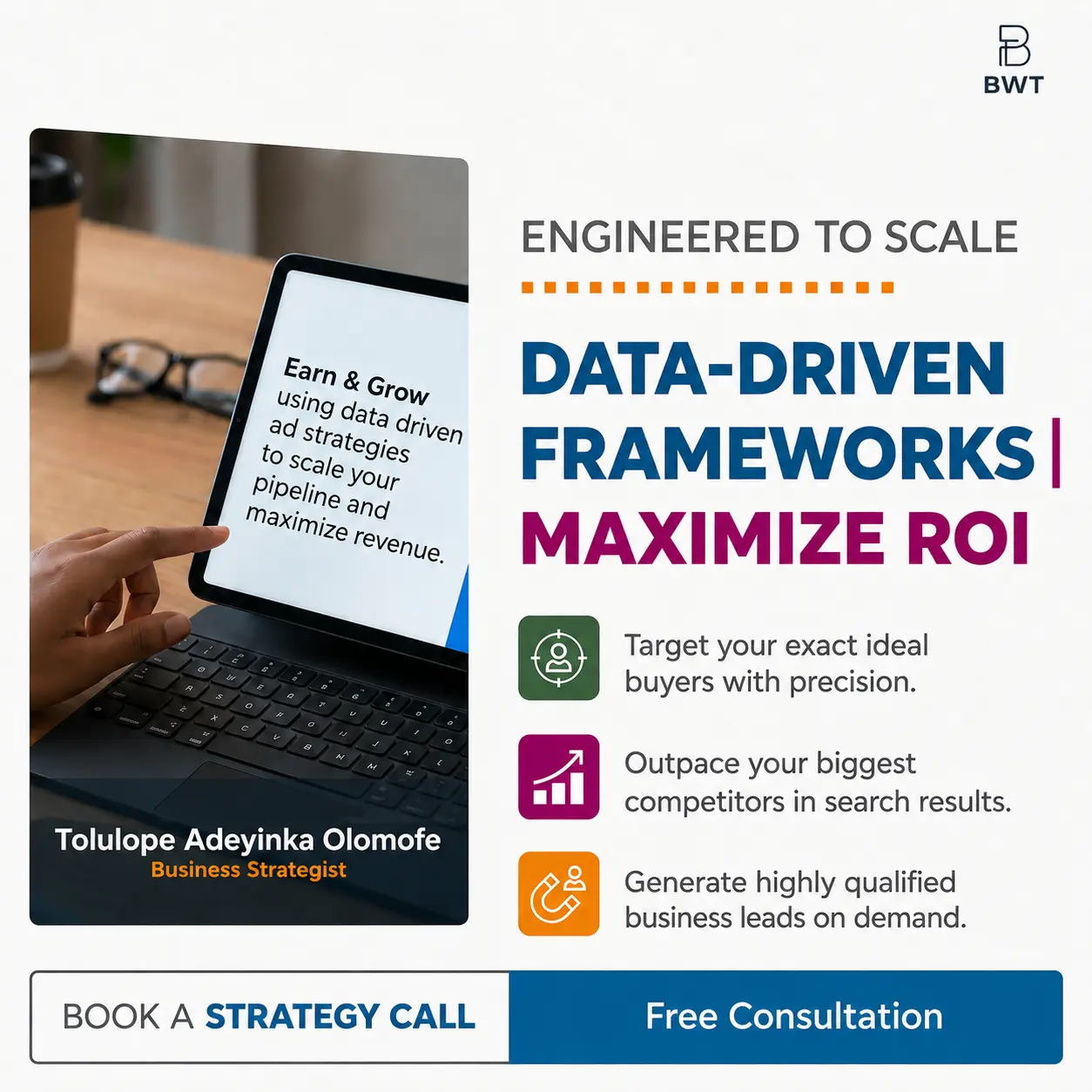 Paid ad expert systems framework graphic by Tolulope Adeyinka Olomofe highlighting data driven strategies to maximize ROI.