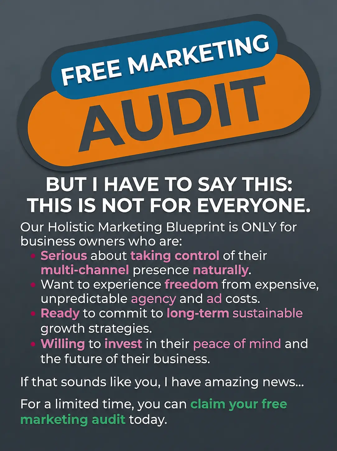 Free marketing audit diagnostic banner highlighting funnel optimization and strategy reviews for business owners